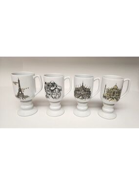 Kaysons International Pedestal Coffee Mugs Lot Of 4 Vtg 1965 Historical Landmark